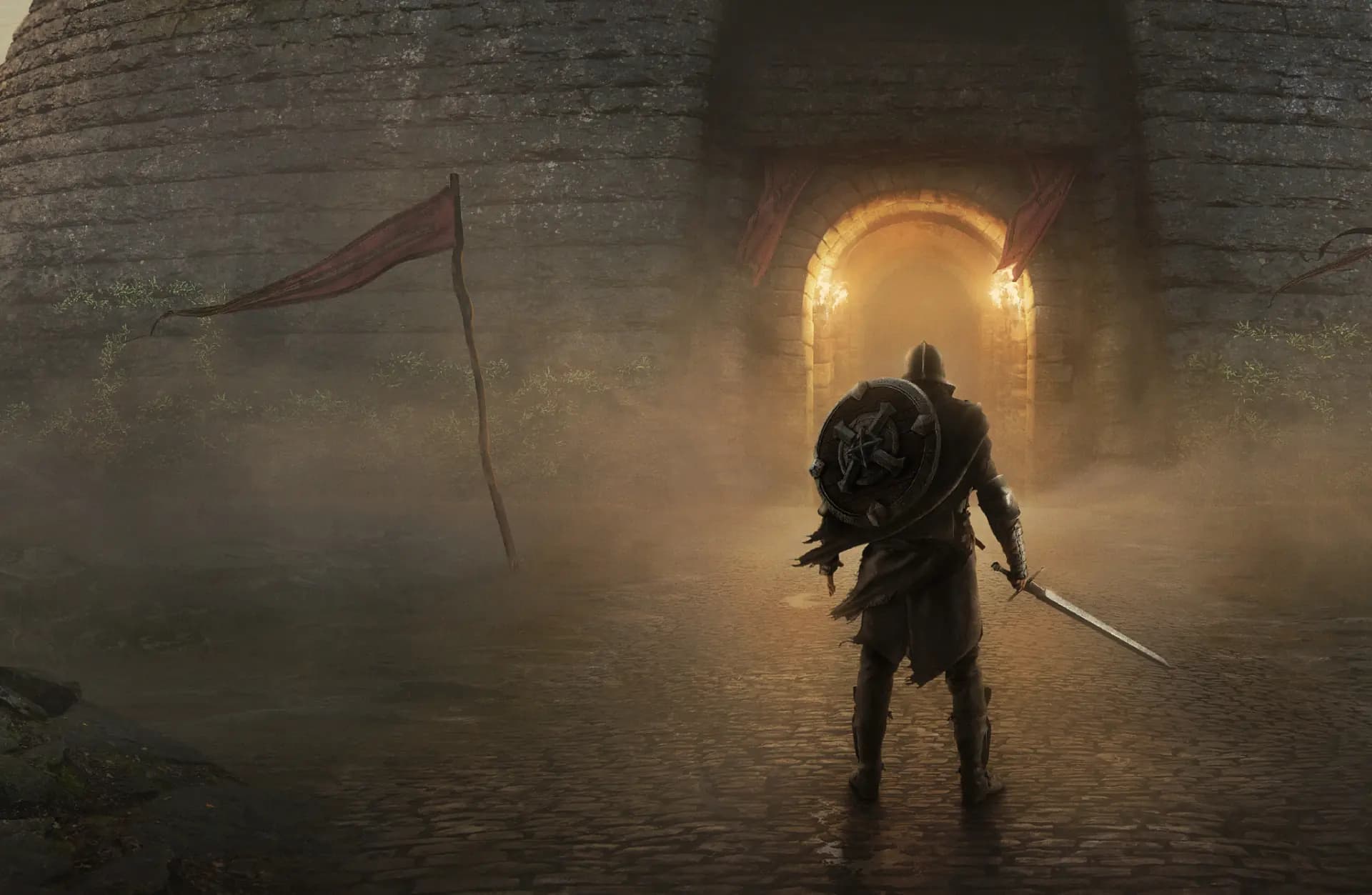 A lone warrior, shield on his back and sword drawn, before the lit archway of the arena gates