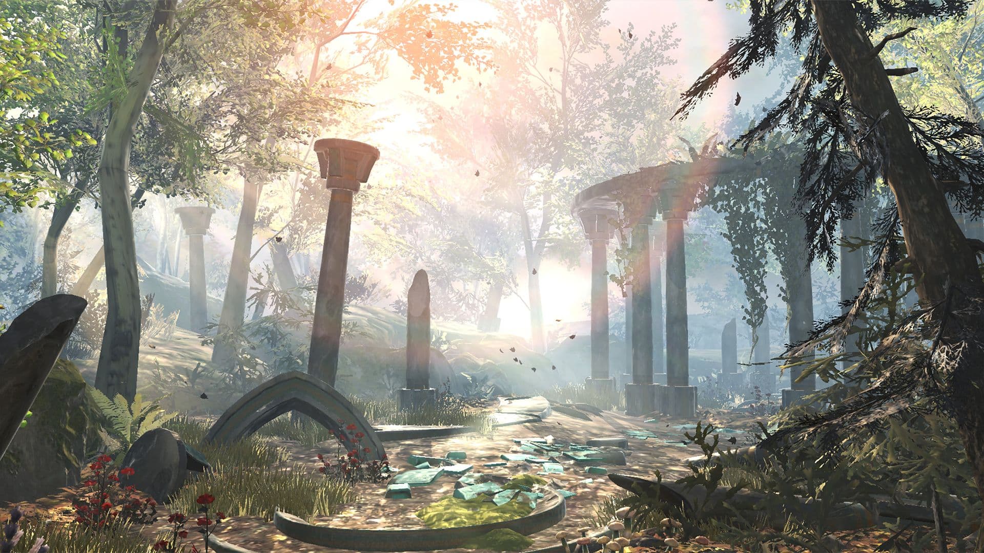 Sunlight through forest ruins in The Elder Scrolls: Blades